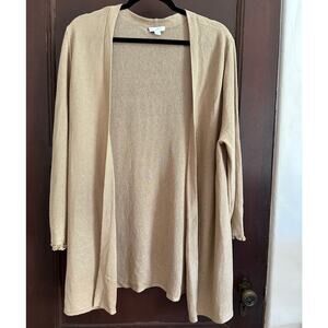 J. JILL | Camel Tan Linen Blend Open Front Raw Cuff Cardigan Sweater | Large